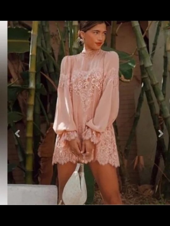 We Are Hah Dresses & Skirts - Hah Queen Lace Trim Long Sleeve Mini Dress in Blush Pink L 0044